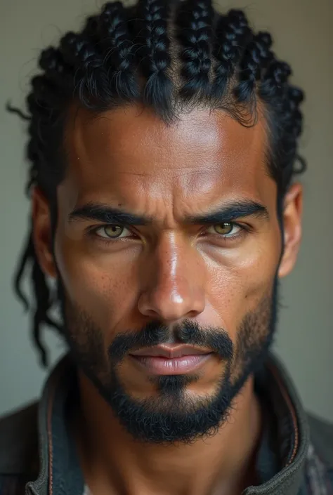 Man, Mixed race, young,  green eyes, Pointed goatee beard, hair braid plate, brun, wary