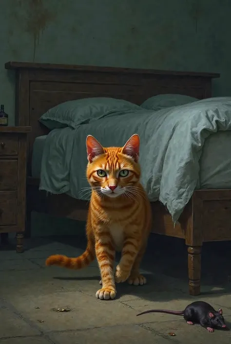 A sad orange cat entering into her room at night and is hungry. In the room there is double bed having rat below it