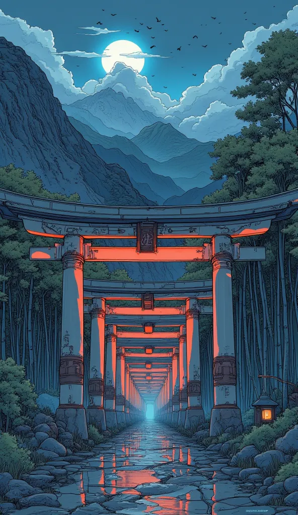 cyberpunk,mountains,shrine,,Many torii gates overlap,Deep in the mountains,night,Lantern,mechanical,cloud,Flock of birds,bamboo forest