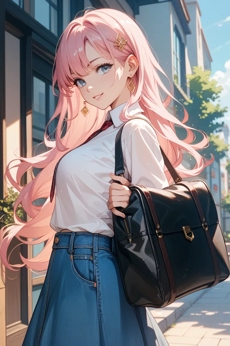 one girl、long pink hair、The tip is inside、Clothes are for adventures、Right facing、Carrying a leather bag