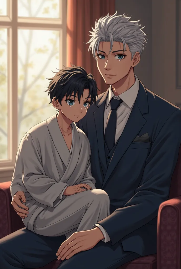 The man sitting on the sofa is 300 cm tall and wears a suit, and a 176 cm tall man with black hair and black eyes is sitting on the knee of the man on, I have silver hair and blue eyes. The hairstyle is a clean pomade.. It gives a clean impression as a you...