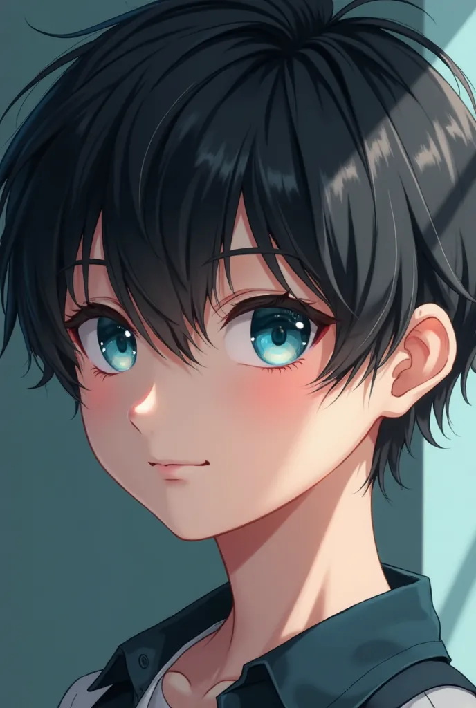 boy, male, realistic, handsome, jet black hair with curtain bangs,has deepish bright gray-blue mix with turquoise and mix deep bright sapphire blue mixed with intense pure ultramarine blue eyes with a hint of deep light emerald, Jade, Persian, Aqua greens ...