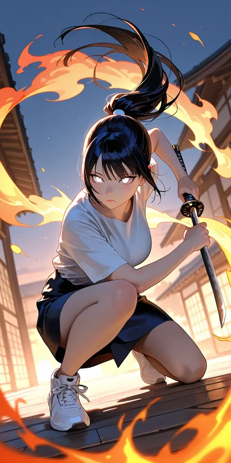 Masterpiece, newest, vibrant, very aesthetic, high contrast, mature woman, hinata hyuga, pony hair, straight hair, high ponytail long hair, white eyes, white t-shirts, dark blue platted mini skirt, white sneakers, full body, expressionless, sharp eyes, hol...