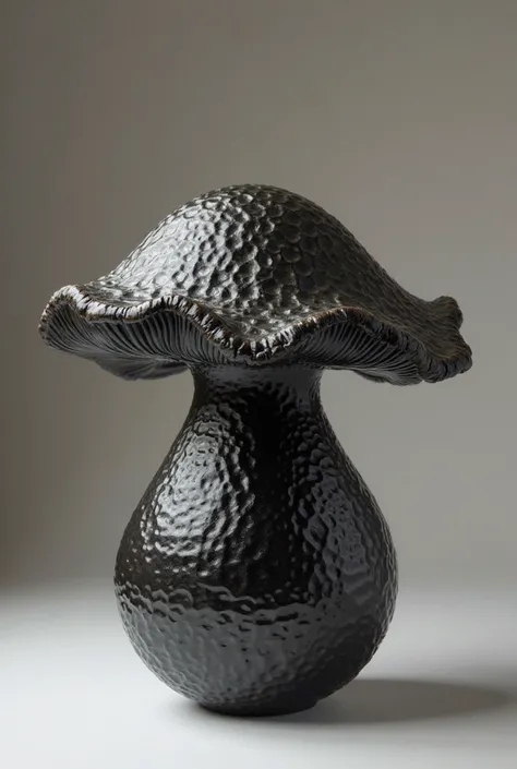 Create a mushroom shaped saumerio in textured black ceramic, 4k HD quality 