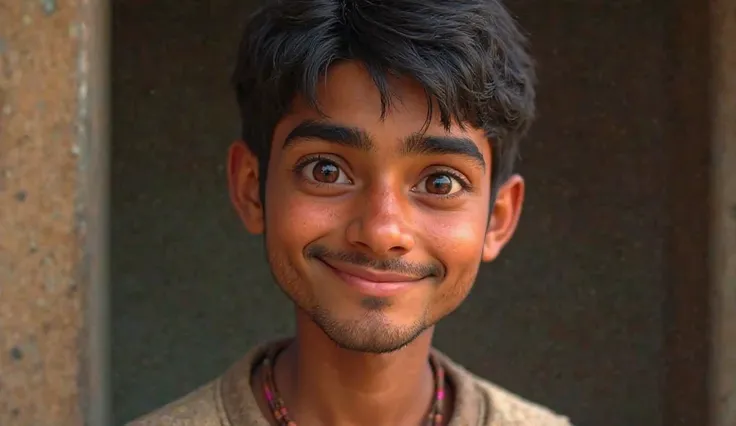 A indian villager young man. High Resolution, Best Quality, Short Hair, Black Hair, Textured Skin, HD, Closed Mouth, Happy, 