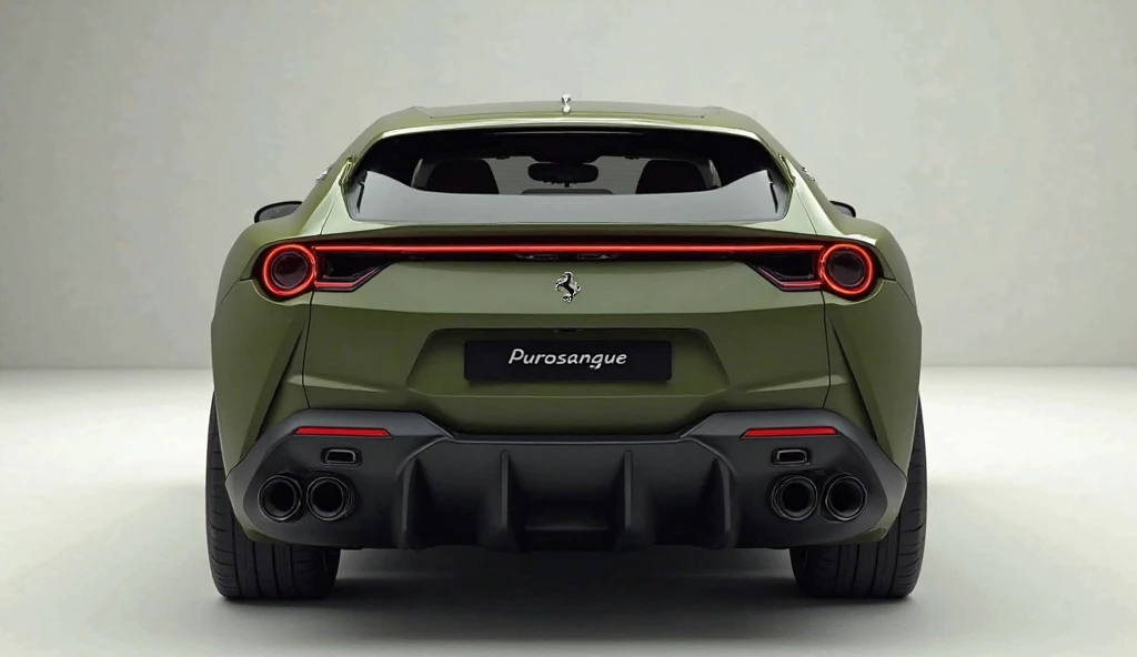 "A high-quality digital render of a 2025 Ferrari Purosangue SUV in a modern studio setting. The car is showcased from the rear, highlighting its aggressive design, sporty diffuser, and quad exhaust setup. The rear doors are closed, maintaining a sleek and ...