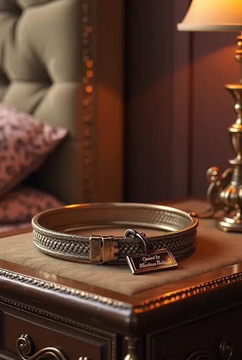 A closeup realistic image of a full metal collar sitting on a bedside table of a luxurious bedroom ((with the words ‘Owned by Mistress Nastazia’ written on a tag attached))