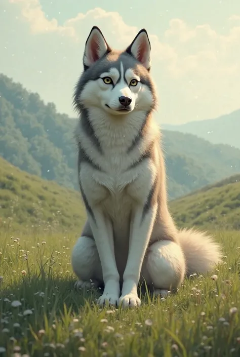 Female Husky with humanoid shape but with husky fur, with anthropomorphic form, kneeling in a field looking at the camera 