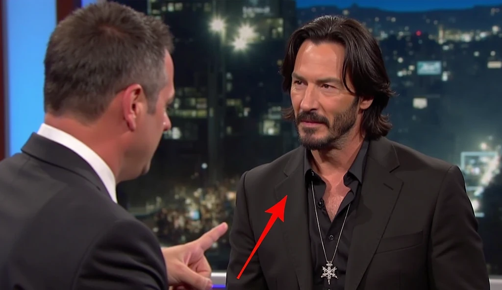 "serious-looking Keanu Reeveswith shoulder-length dark hair and a beard, dressed in a sleek black suit with a black shirt, stands in a modern TV studio setting. He wears a silver cross necklace that prominently hangs on his chest. His expression is calm bu...