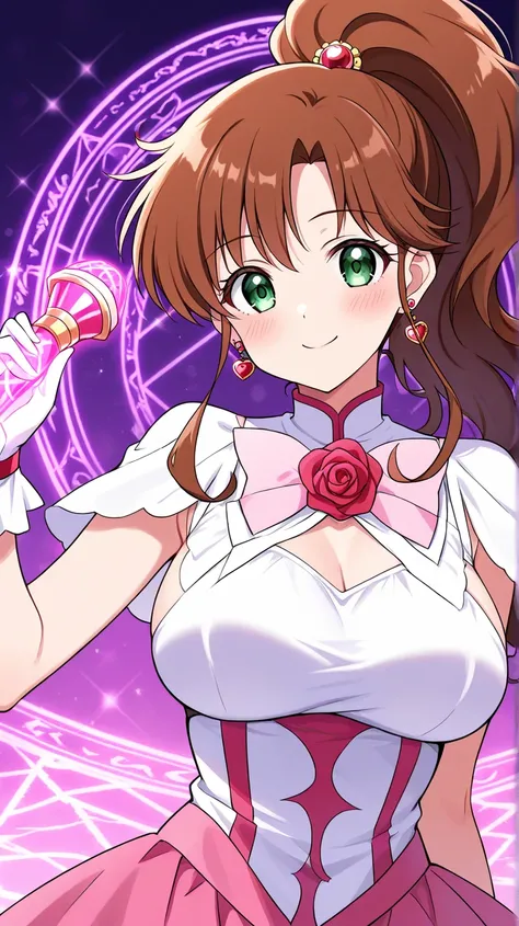 1 girl, obra maestra, mejor calidad, SMiLE, LONg hair, blush face, Brown hair, green eyes, ponytail hairstyle, medium boobs, rose earrings, red earrngs, hair accessory, Kino Makoto, MAGIC CIRcLe BACKGROUND, MAGICaL GIrL OUTFIT, WHiTE BLouSE, PInK SKiRt, GR...