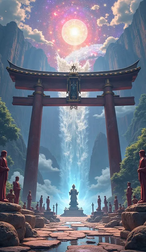 A massive, infinitely large torii gate on the right and left, with a colossal central gateway leading to a transdimensional universe, masterpiece, best quality, ultra-high resolution, perfect, colossal animated Buddha and stone statues, giant waterfall, fo...