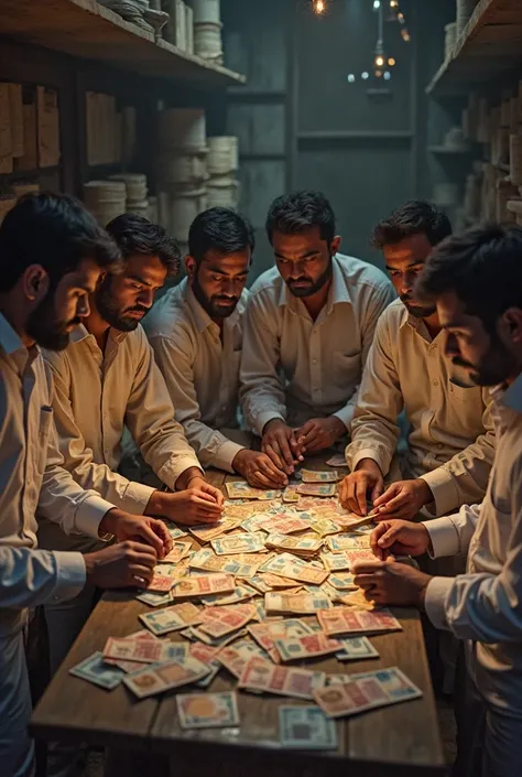 6 men counting indain cash in round