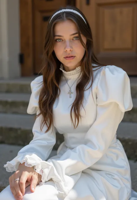 Ultra realistic gorgeous 21-year-old German brunette altar boy ,  beautiful eyes .  long brown hair with wavy hair .     hairband    ,  Cross necklace , long shiny white satin altar dress with tight closed lace collar around the neck and white long satin s...