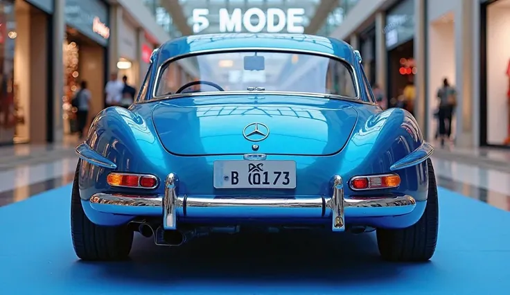 A back photo of a modified  Mercedes-benz 300 SL whit a sleek, full design back view, The car is blue and has a blue Mercedes-benz 300 SL displayed on the withe grille. The car is parked on a blue surface. The background is a shopping mall with white light...