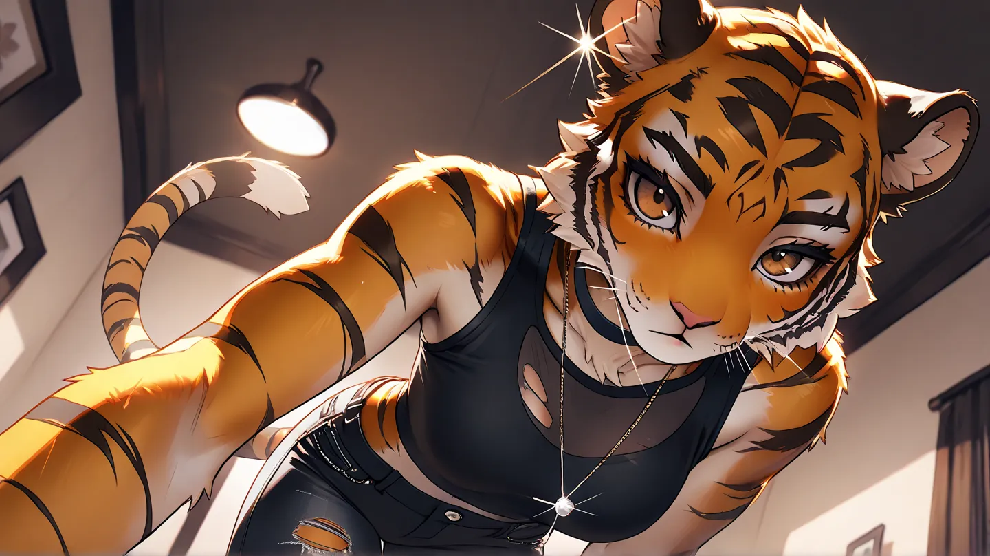 1Girl, Tiger Ears, Tiger Head, Anthro Tiger Girl, Furry, Bald Girl, No Hair, Bright Brown Eyes, Dark Brown Eye Shadow, Medium Chest, Black Crop-Top, Black Ripped Jeans, Black Choker, Looking At Viewer, Bored, Glint, Sassy Pose, Standing, Solo, Close Up Vie...