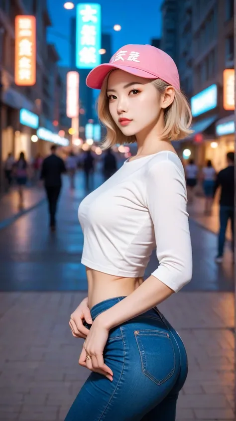 A photo-realistic shoot from the side about a young woman posing confidently on a city street at night, wearing a pink cap and a white long-sleeved shirt. the image also shows a cityscape with blurred lights and buildings in the background. on the middle o...