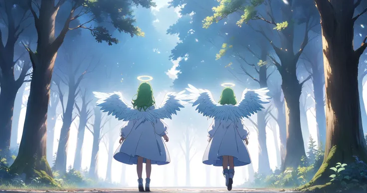 Asahi　winter　forest　nature　Long feathered angel with green hair　Anime anime keyvisual, Alone, full body shot, from behind,