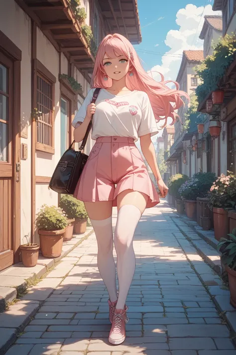 one girl、Pink long hair、The tip is inside、Clothes are for adventures、 pointing left、He has a leather bag on his back、The back is brown、Left foot forward、Walking Scene 、No background