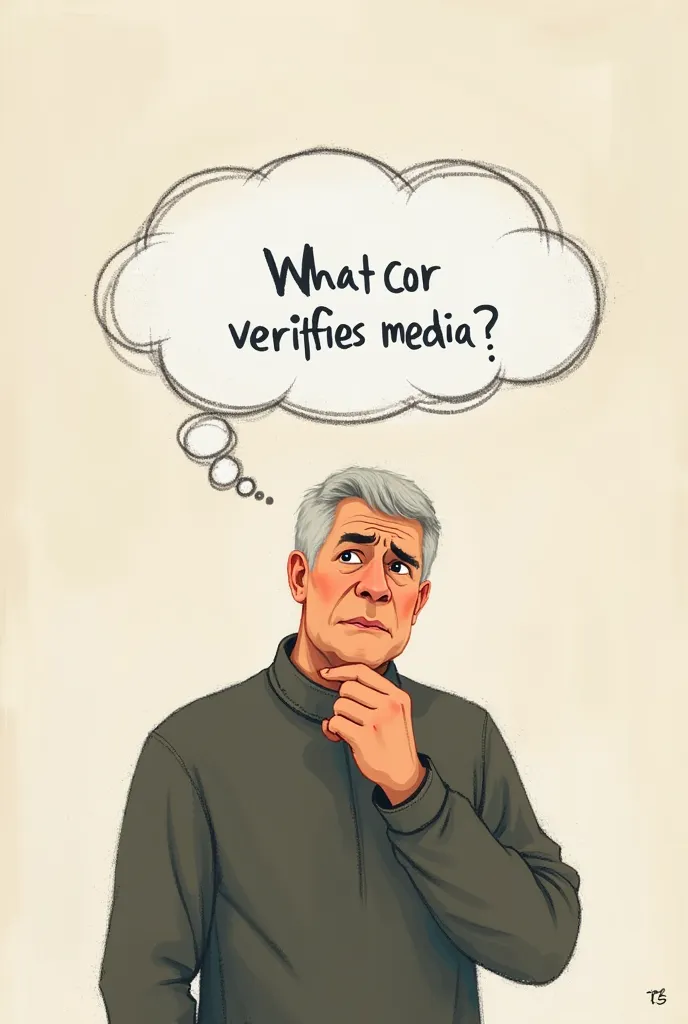 a man with a speech bubble saying "But who is gonna check media?" He looks puzzled or like thinking trying to figure out the question he has.