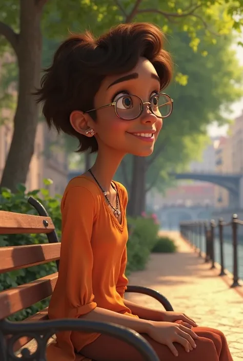 Scene from the animated movie called 'Enchanted'. at the top, sideways, a young mature black adolescent girl with short wavy brown hair, glasses, Gardener and orange blouse. Sitting on a bench under a tree next to the Seine River in Paris, talking on the p...