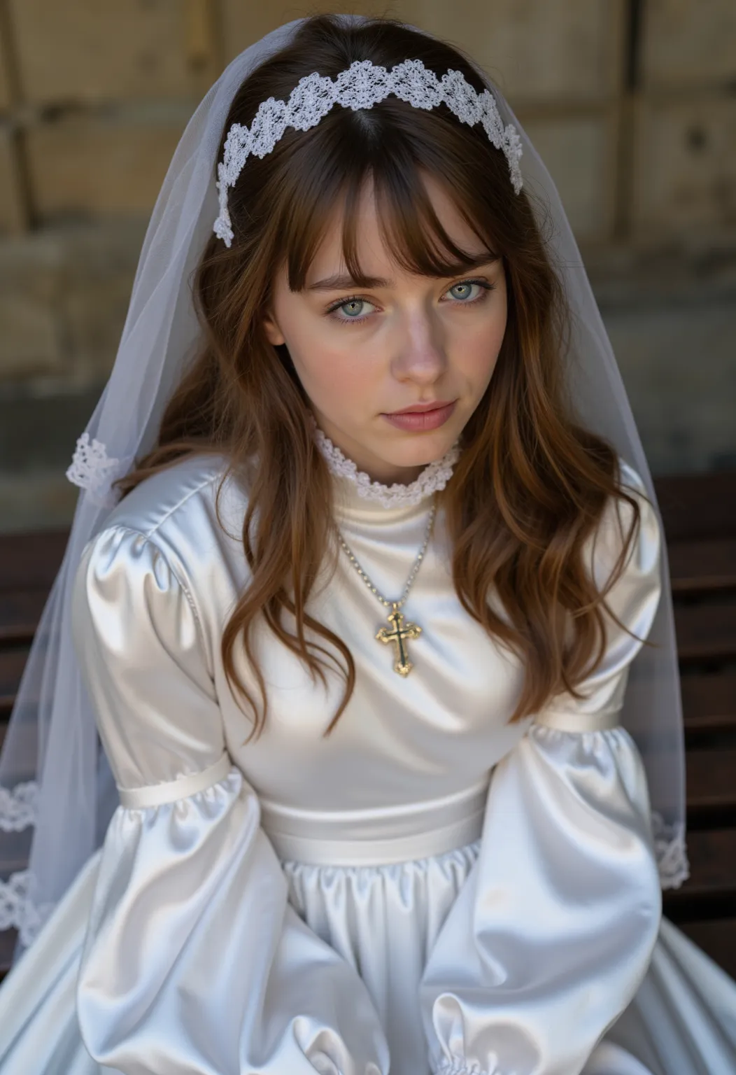 Ultra realistic gorgeous 21-year-old German brunette altar boy ,  beautiful eyes .  long brown hair with wavy hair .     hairband    ,  Cross necklace , long shiny white satin altar dress with tight closed lace collar around the neck and white long satin s...