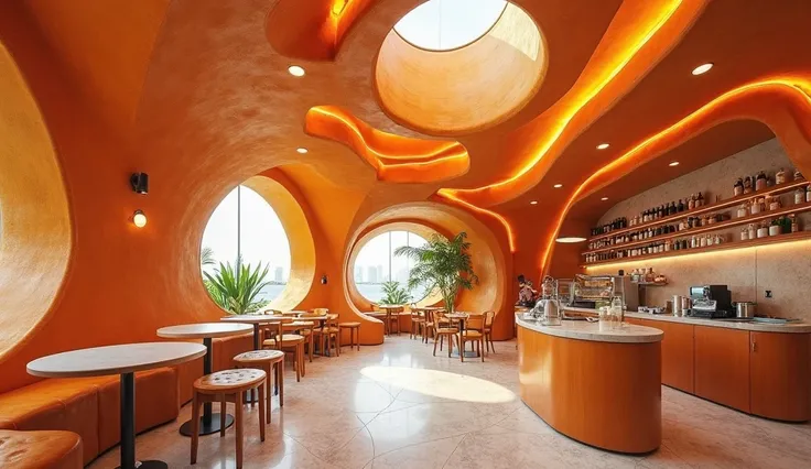 The innovative and biophilic-style coffee shop, themed “Curl of Orange Peel,” features a striking interplay of false and open ceilings, creating a dynamic and immersive atmosphere. Curved ceiling panels mimic the elegant spirals of an orange peel, layering...