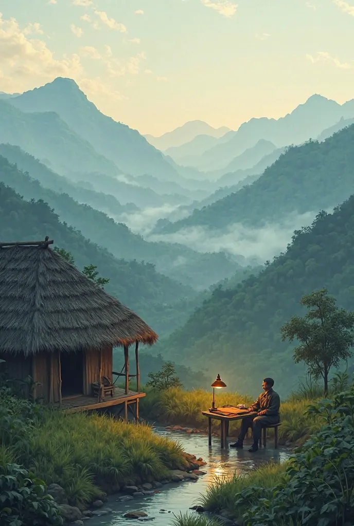 Scenic view of Viet Bac mountains: rolling hills, misty air, and a small stream gently flowing.
A simple stilt house symbolizing the modesty and simplicity of the resistance base.
Ho Chi Minh sitting at a desk with an oil lamp, soft light illuminating his ...