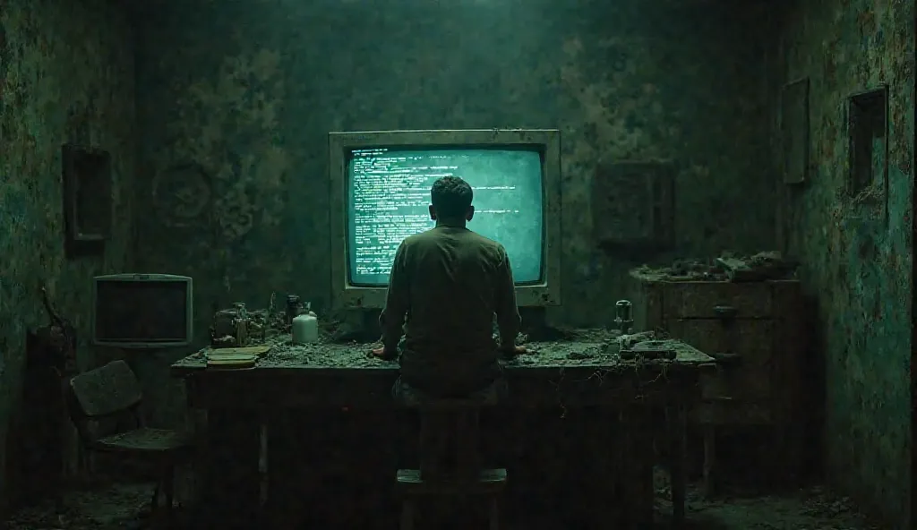 "A man stands in front of an old computer in the middle of a decaying laboratory. The monitor flickers with a dim, greenish glow, casting eerie shadows across the dust-covered desk. The air is thick with the scent of rusted metal and aged paper, the silenc...