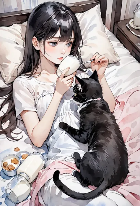 Dark-haired beauty ,  cute cat, mother's cat feeding her kitten with milk in preparation for cancer, Watercolor style ,  soft color, Subtle and dynamic texture , lying in bed,Contrast, 2.5D, very detailed,  absolute solution , best quality