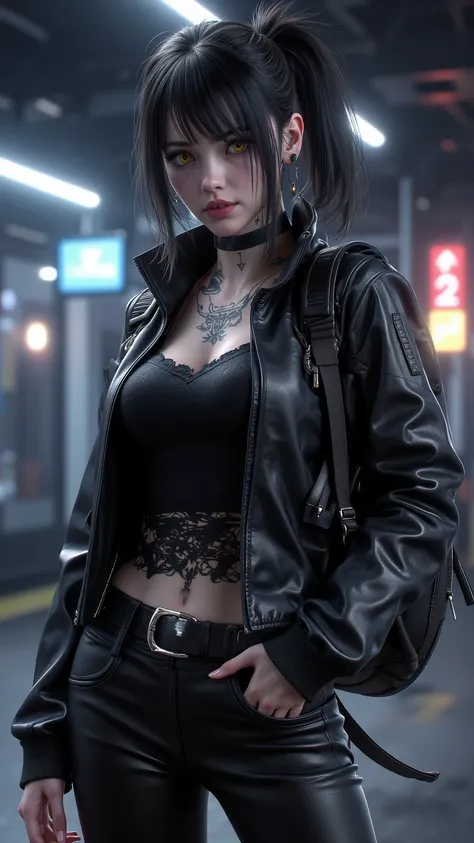 Charlie Bowater，A cool girl，High Value 1.5，Fine Tailor 1.5，Sexy Lip Edge 1.0，full body shot，High realism， High detail， HD ，8K quality，Sharp Eye，Yellow eyes ，Round rolling big eyes，looking_up , Dark Hair，short ponytail，Bra Vest，Fit Black Leather Jacket，blac...