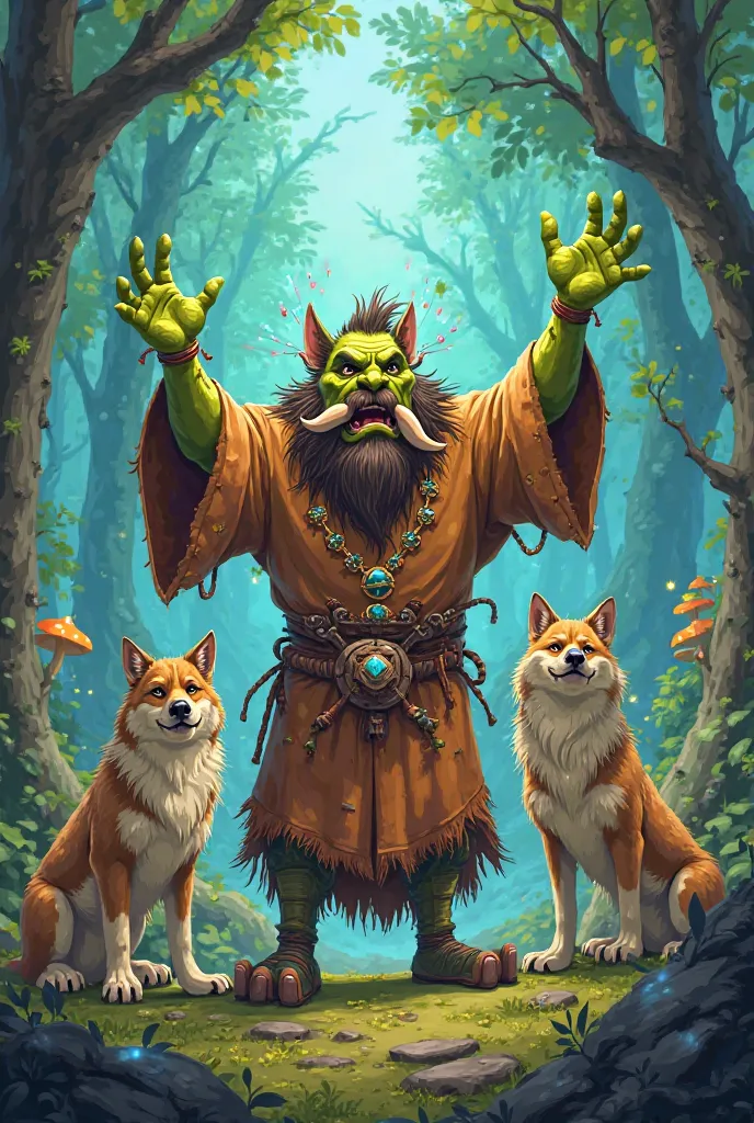 Create a cartoon with an orc shaman and 2 wolves by his side