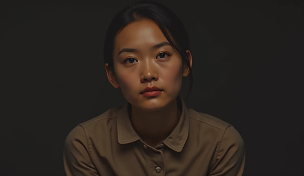 asian woman, wearing white collared button blouse, big nose