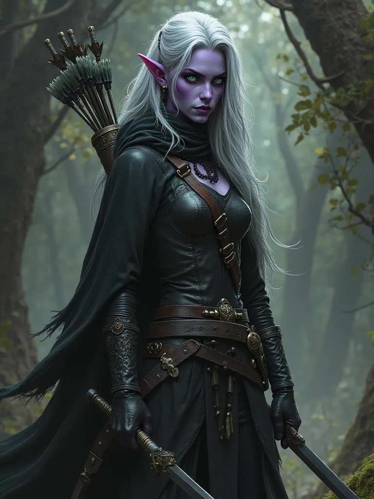 A purple-black-skinned Drow Ranger ,  woman with green eyes and silver hair. He has 2 short swords and a bow with arrows.. he wears black leather armor and a black cape.