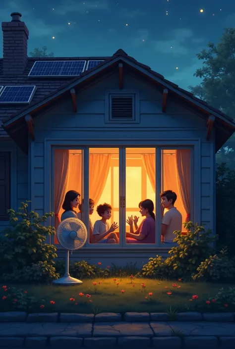 À travers la fenêtre, on voit la maison de son voisin, lumineuse et chaleureuse, avec une famille souriante profite de la télévision et d'un ventilateur fonctionnel. contrastant entre l'obscurité et la lumière rassurante de l'énergie solaire.