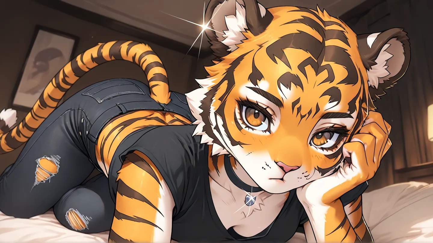 1Girl, Tiger Ears, Tiger Head, Anthro Tiger Girl, Furry, Bald Girl, No Hair, Bright Brown Eyes, Dark Brown Eye Shadow, Medium Chest, Black Crop-Top, Black Ripped Jeans, Black Choker, Looking At Viewer, Bored, Glint, Sassy Pose, Solo, Close Up View, Bedroom...