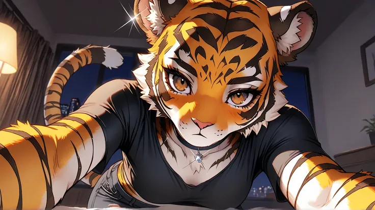 1Girl, Tiger Ears, Tiger Head, Anthro Tiger Girl, Furry, Bald Girl, No Hair, Bright Brown Eyes, Dark Brown Eye Shadow, Medium Chest, Black Crop-Top, Black Ripped Jeans, Black Choker, Looking At Viewer, Bored, Glint, Sassy Pose, Solo, Close Up View, Bedroom...