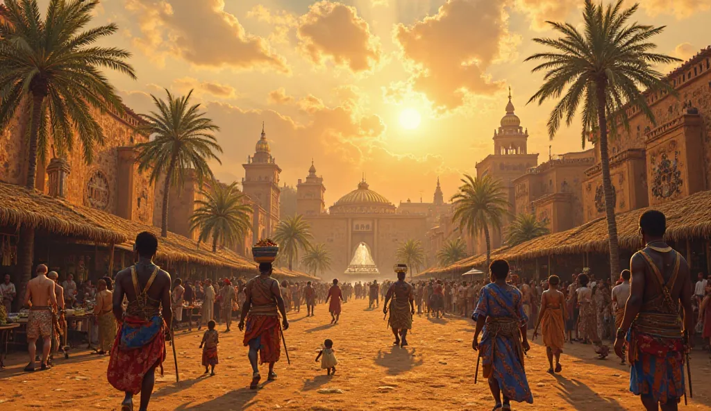 *A grand African kingdom city bathed in the golden light of the setting sun. The city is vast and rich, with towering mud-brick buildings adorned with intricate tribal carvings and colorful murals. Wide streets are lined with bustling markets, where trader...