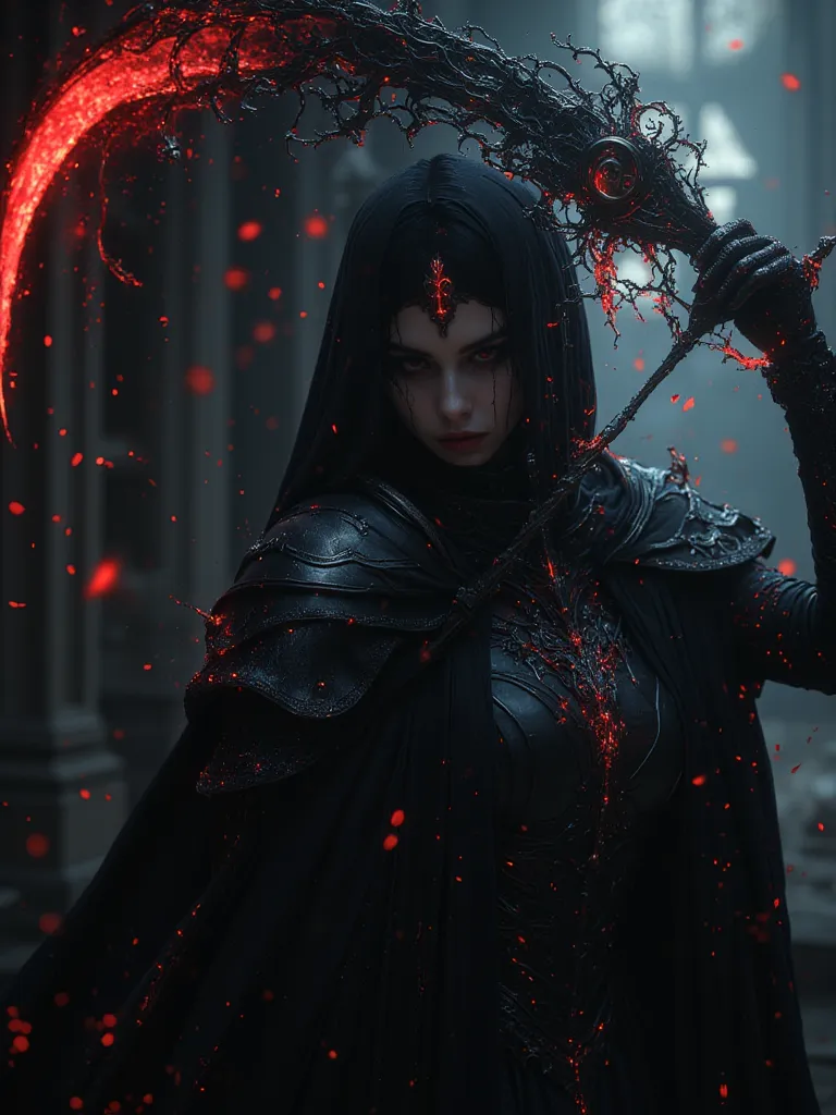 a dark-haired woman in a black dress, the most beautiful female death in the world, holding a scythe with the letters "EM" engraved on it, dark fantasy, gothic, dramatic lighting, cinematic, detailed portrait, chiaroscuro, dramatic pose, intricate clothing...