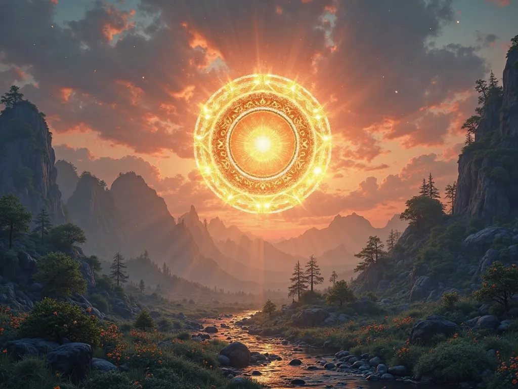 Give me a high quality 8k ultra HD desktop background photo with a landscape style and related to Buddhism , in the middle of the picture there is a circular halo with the Karma Circle symbol and emitting a great aura, whopping