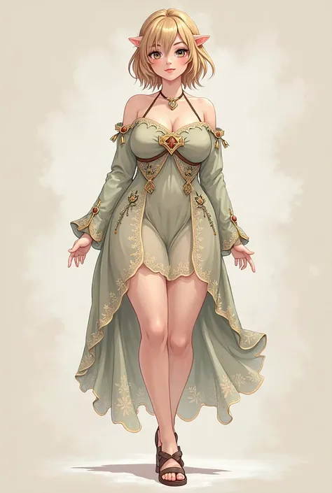 Cute short haired anime girl wearing an elvish style dress. Elfa body with big boobs and thighs . Big body build, full body, neutral pose