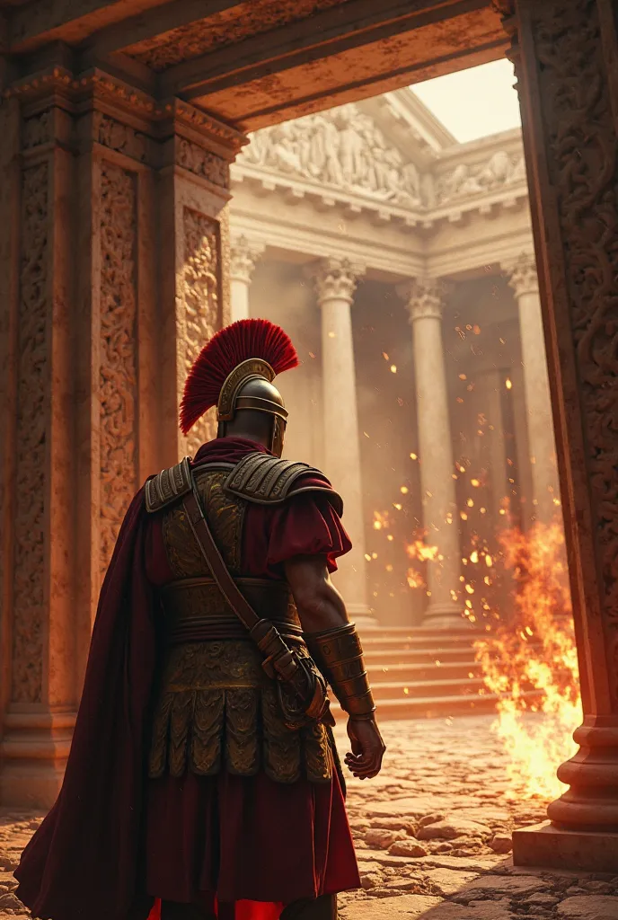 First person perspective of a Roman soldier entering the Senate, where invaders tear scrolls, smash marble busts, and set fire to the ancient chamber. A once-powerful senator cowers in the corner.ultra realistic