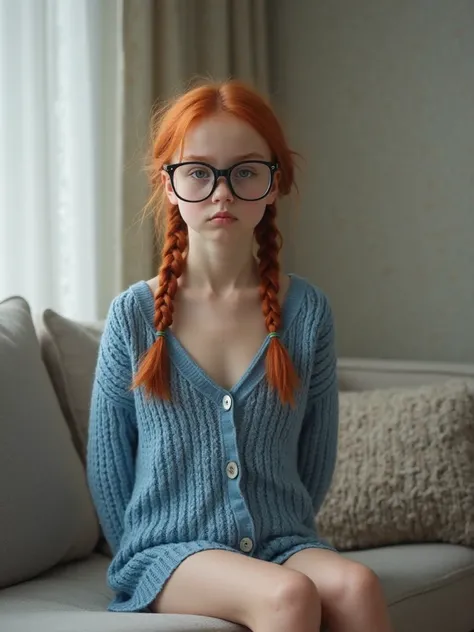 Very thin twelve year old girl,red-haired hair with two braids, He has huge prescription glasses,She wears an unbuttoned blue knitted sweater showing her shoulders and breasts,  His legs are bare , She is kneeling on a minimalist sofa in a very sexy positi...