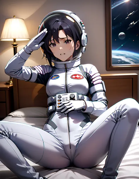 (Space Suit:1.15),  white cargo pants,  astronauts arriving on the moon) bubble helmet ,  SPACE HELMET, white gloves, Masturbating, sweat,  blanking, , and stare at the audience,  lies,  spread your legs , indoors, in  bed,  bed,  masterpiece, TOP QUALITY,...