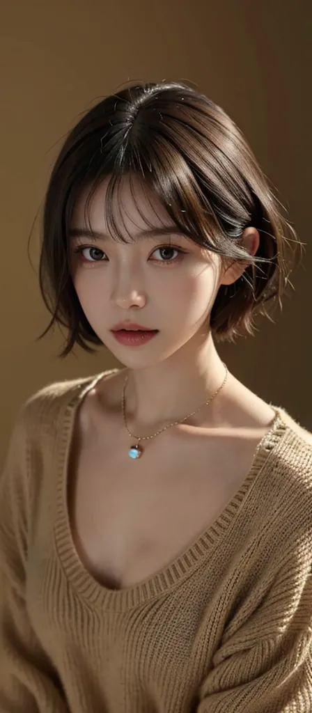 (best quality, 8k, 32K,  masterpiece, Ultra High Definition:1.2), Picture of a pretty Japanese woman , ,  very short bob hair,Upper body,Face focus, oversized _sweater,  necklace, simple background, from above,