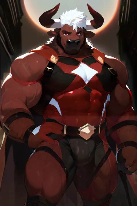  1 boy , alone,  human furry , Minotaur, bull, large curved horns,  brown fur, brown and black beard, Dark pattern ,  red eyes, eyes with scars, White hair, Brown and black hair tips,Brown eyebrows，Sturdy ，muscular。
 tights， red and white superhero suit,，
...