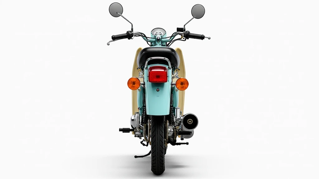 "A classic vintage-style motorcycle viewed from the rear. The bike features a retro sky-blue and cream color scheme with a long black seat. The taillight is centrally positioned on the rear fender, with two round orange turn signals symmetrically placed on...