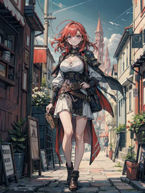 mole under eyes, earring, big breasts, hair behind ear, outdoor, heavily armored pirate, Practical pirate clothing, black cape, open vest, pirate Skirt, leather belt, ((Crimson red hair)), quaint seaside town, picturesque coastal village, boats in the harb...