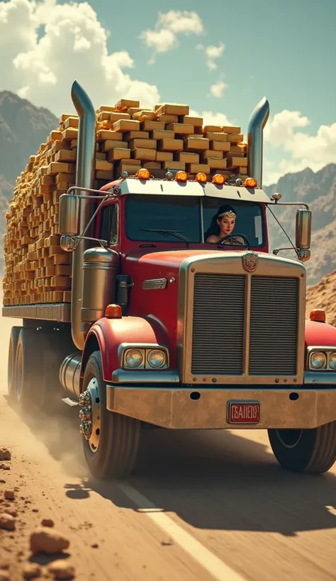 wonder women is driving a big truck full of gold bars. 