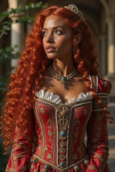 A dark-skinned woman with long curly red hair and golden eyes. She is wearing a 14th-century gown that accentuates her figure paired with girdles made with embroidered fabric. Their bodice is adorned with gold jewelry and precious stones. The girl looks ar...