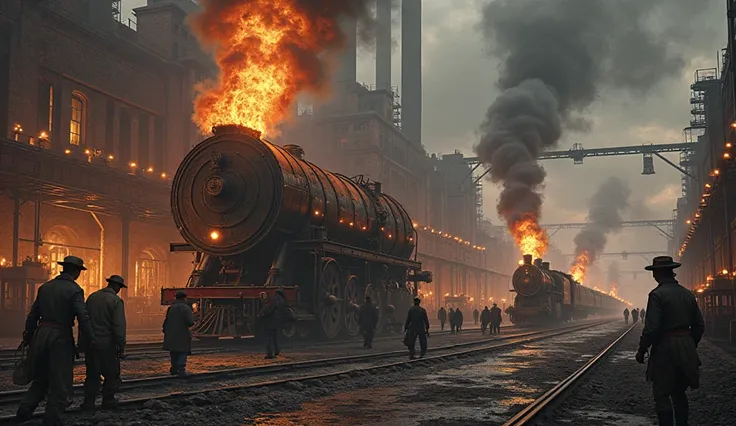 A 19th-century factory with large steam engines puffing out black smoke. Workers in worn-out clothes operate massive machinery, while outside, a train speeds by, symbolizing rapid progress."